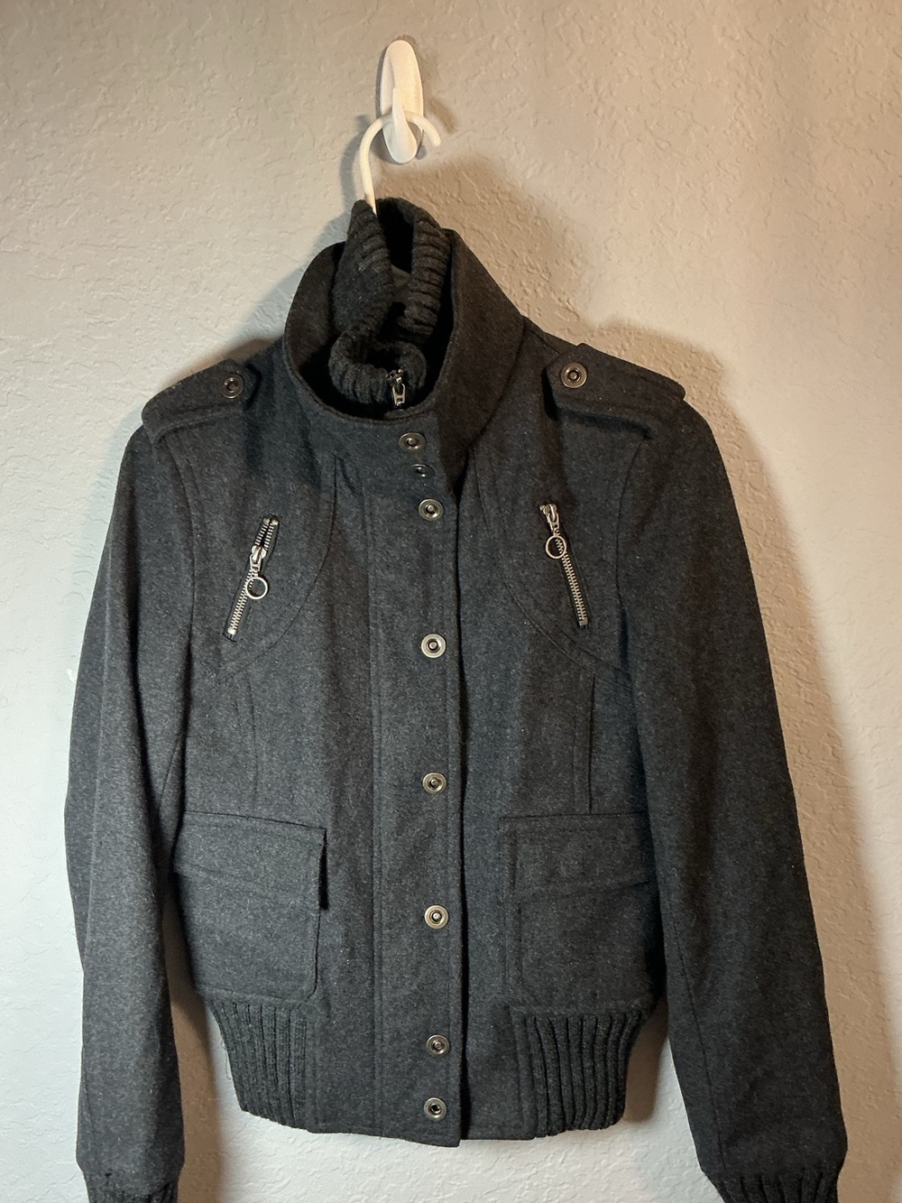 Express Women’s XS Charcoal Gray Military Moto Jacket High Collar Zip Pockets